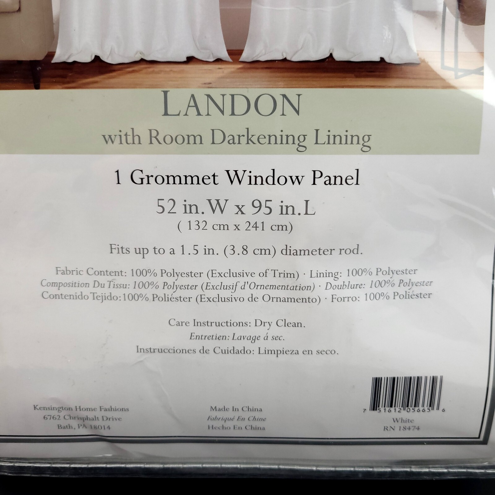 Kensington Landon w/ Darkening Lining One Grommet Window Panel 52×95″ White