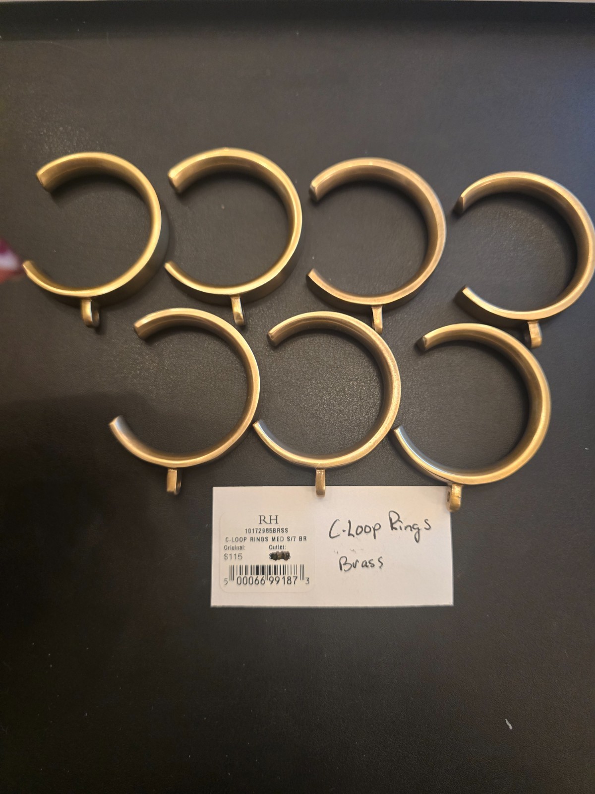 RH New Restoration Hardware Estate C-Loop Drapery Rings Medium Brass set of 7