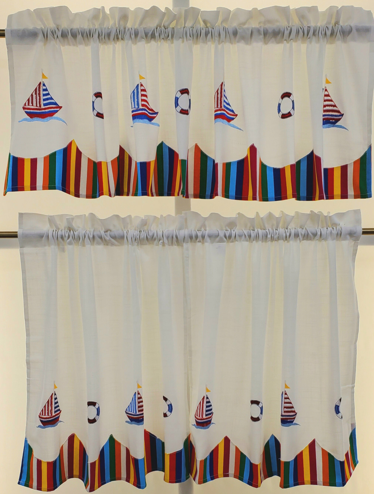 Newport Embroidered Sailcloth Nautical Sailboat Beach Stripe Valance or Tiers