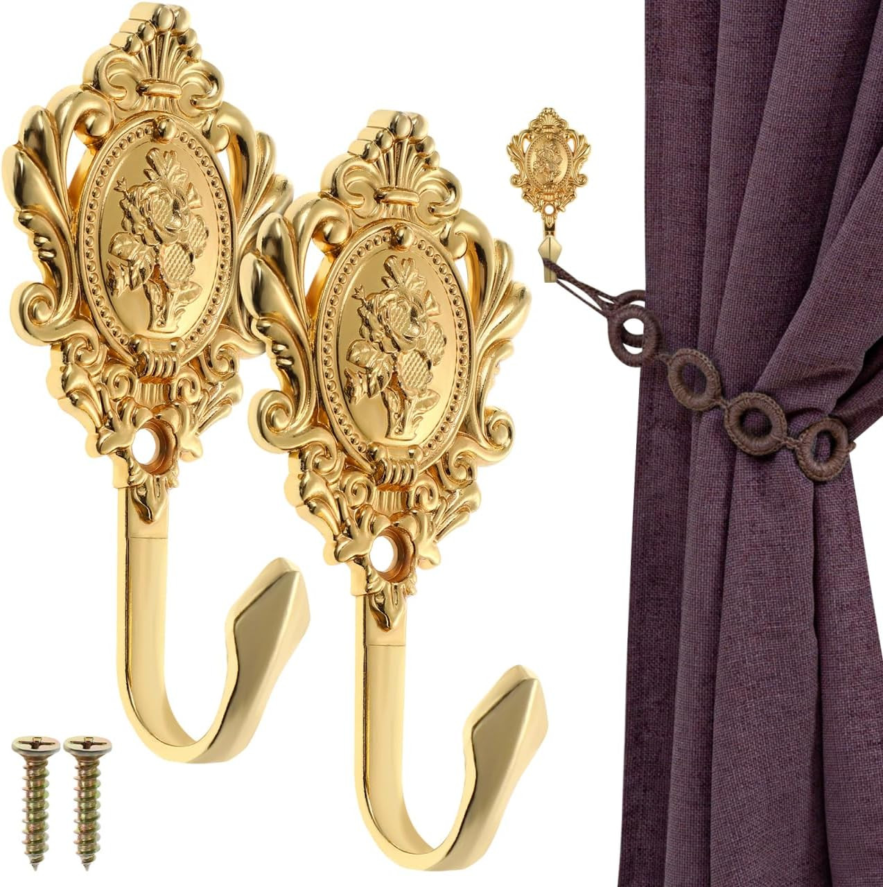 2 Pack Gold Curtain Holdbacks, Decorative Zinc Alloy Rose Floral Curtain Tieback