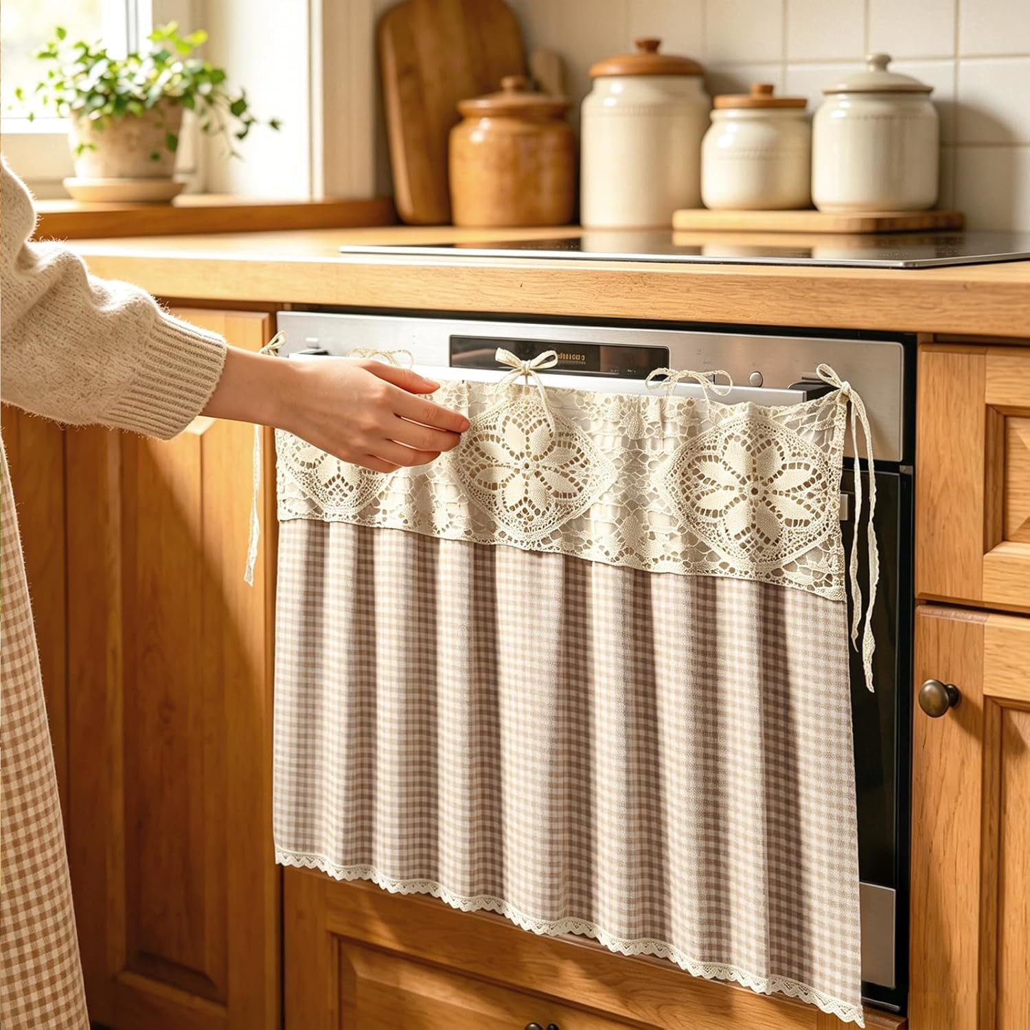 JarThenaAMCS Brown Check Oven Skirt Brown White Plaid Gingham Oven Curtain Rusti