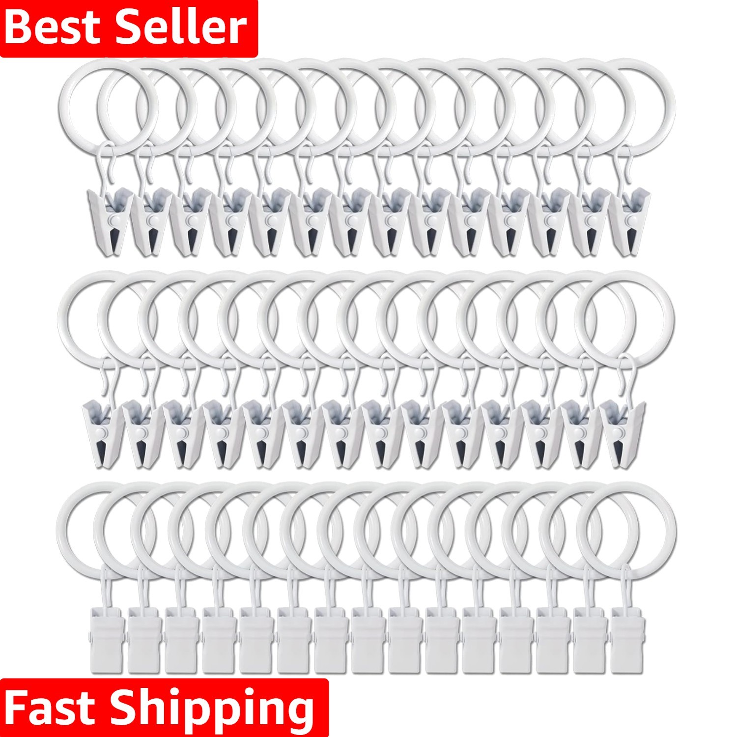 Set of 44 White Curtain Rings with Clips for Elegant Drapery Solutions
