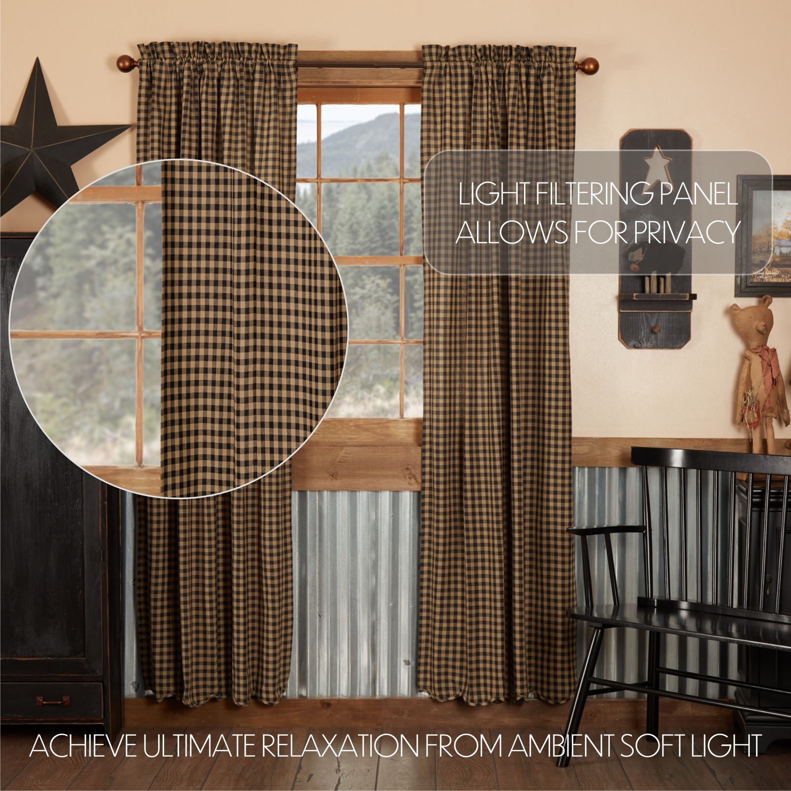 Primitive 84″x40″ Panel Pair Black Rod Pocket Check Window Curtains VHC Brands
