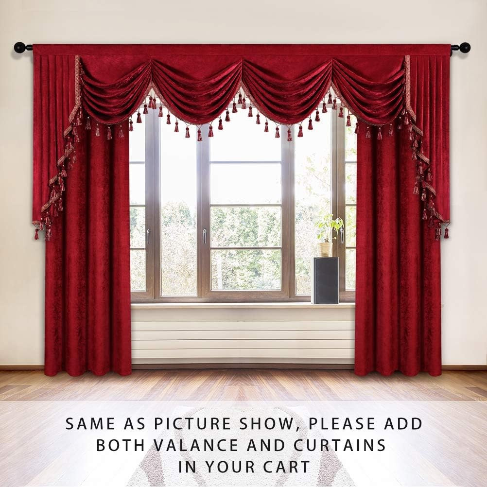 Thick Chenille Window Curtains Valance for Living Room with Tassels Burgundy Red