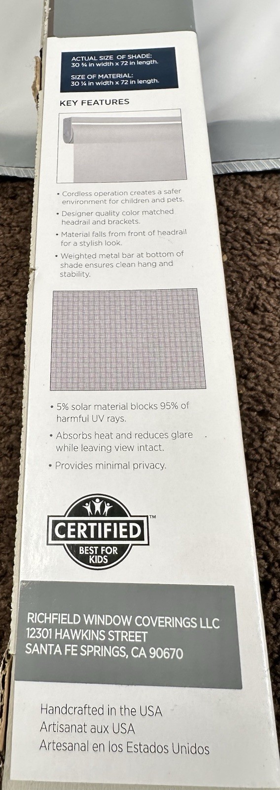 Light Filtering Roller Shades 5% Openness Solar Screen 32”W x 72″ H Grey (1279