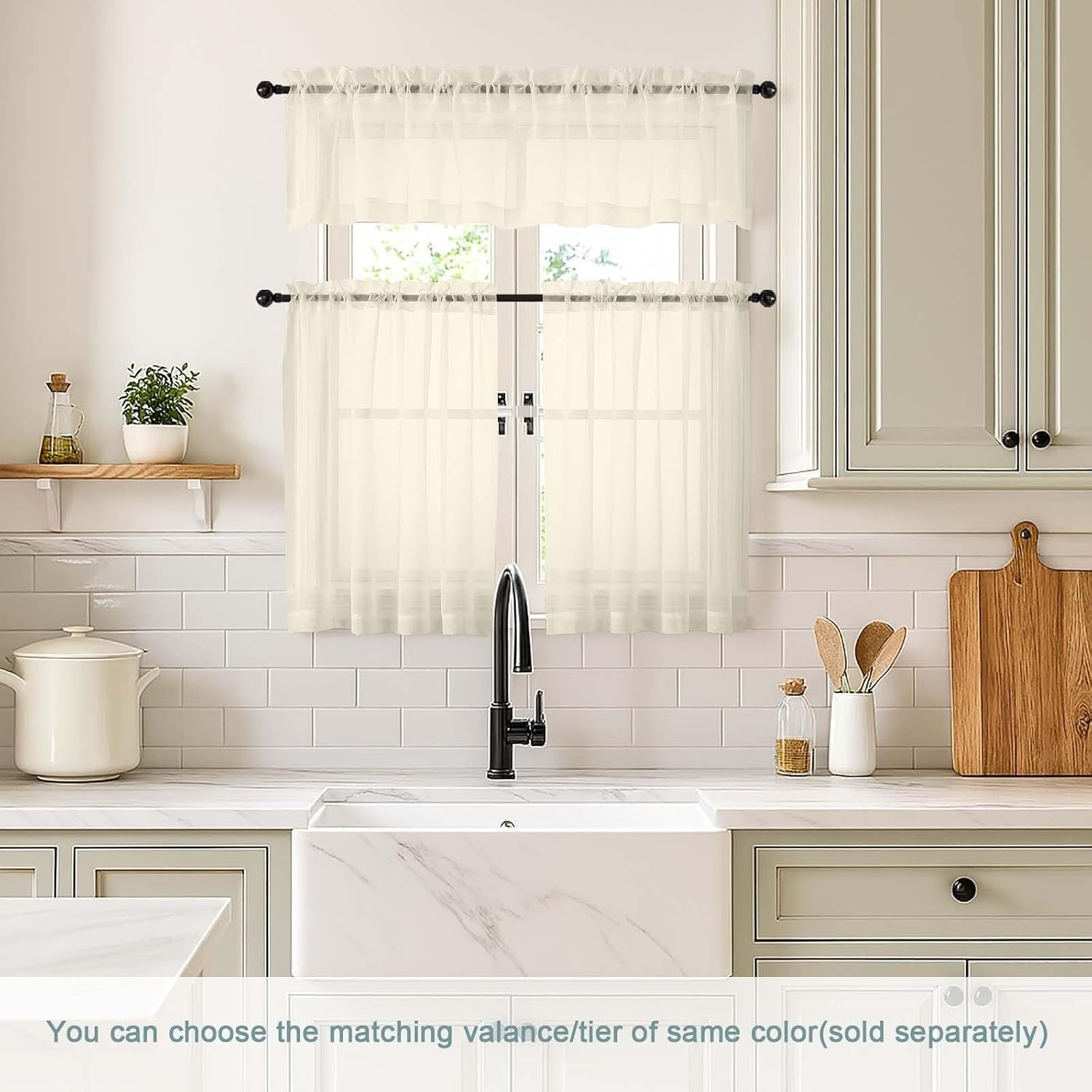 Cream Valances for Windows 14 Inch Length 2 Panels Set, Small Voile Sheer Curtai