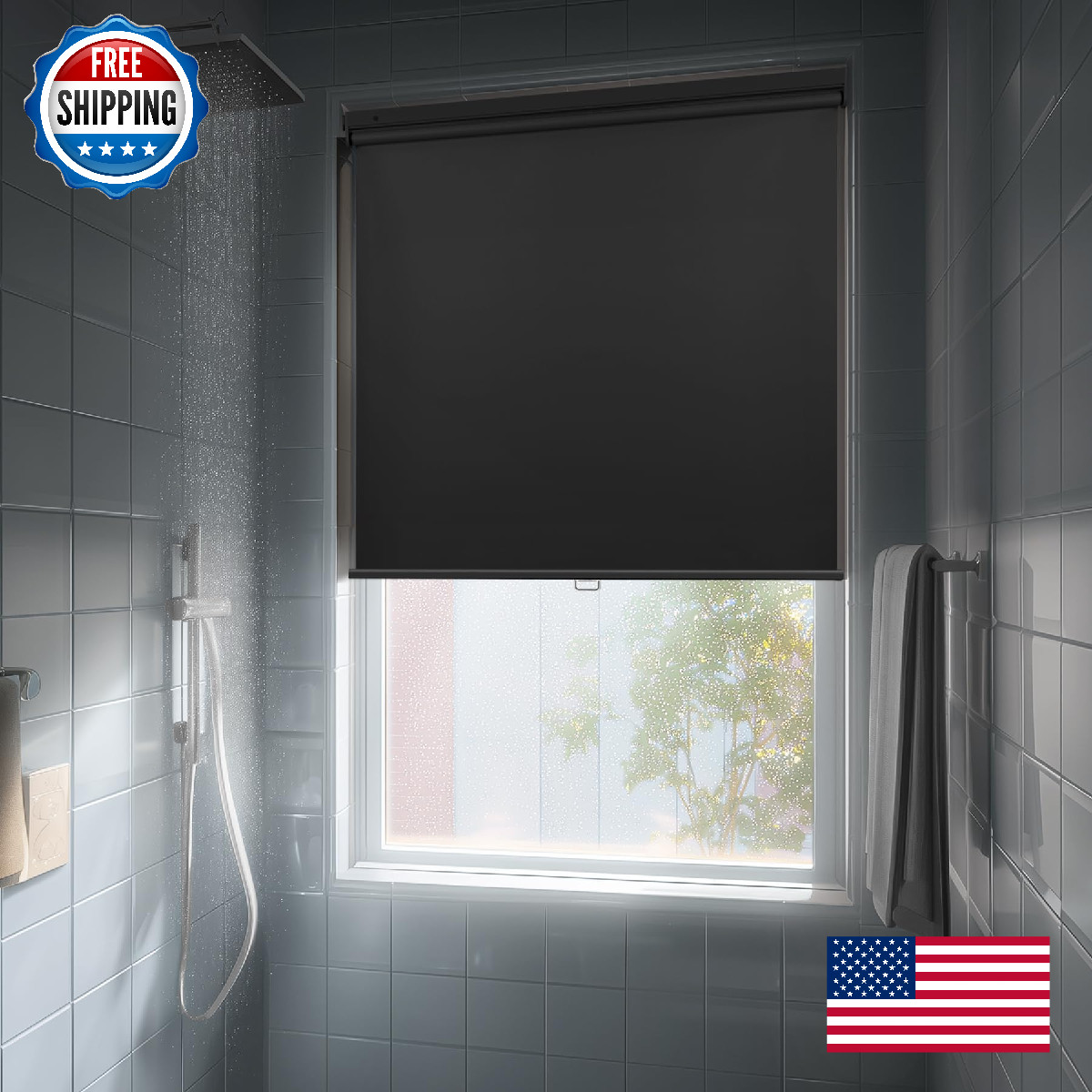 Hestia No Drill Cordless Blackout Roller Shades Screwless Waterproof Shower