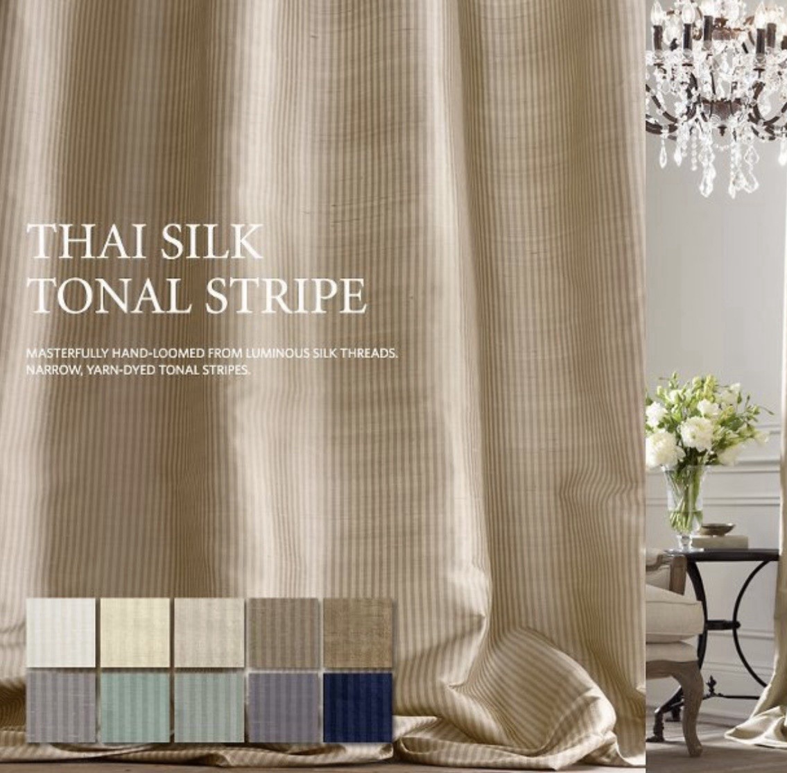 Restoration Hardware Curtain THAI SILK Stripe Set (2) Drapes Sand Ivory 106 X 50