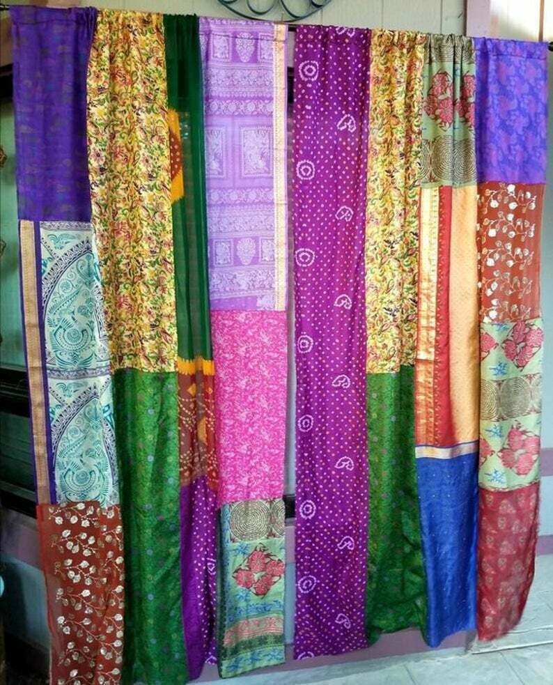 2 Pcs Indian Sari Patchwork Curtain Drape Window Decor Multi Silk Sari Curtain