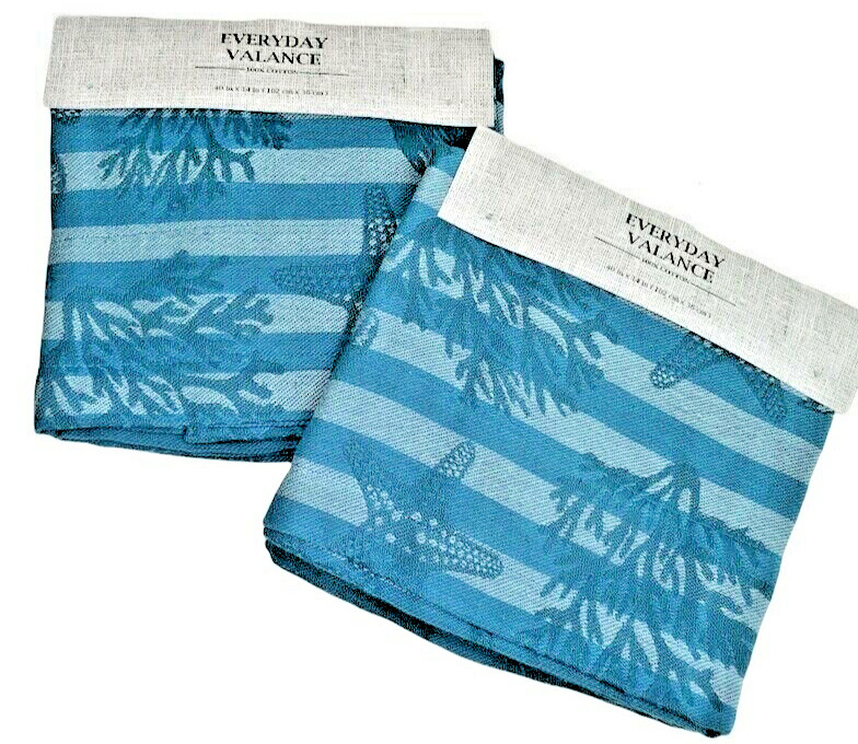 Starfish Coral Fish Valance 40×14″ Set Of 2 Beach House Blue Striped Summer