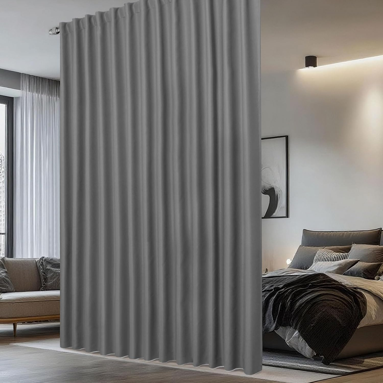 Extra Wide Blackout Curtain Room Divider for Sliding Doors, 144×96 in Light Grey