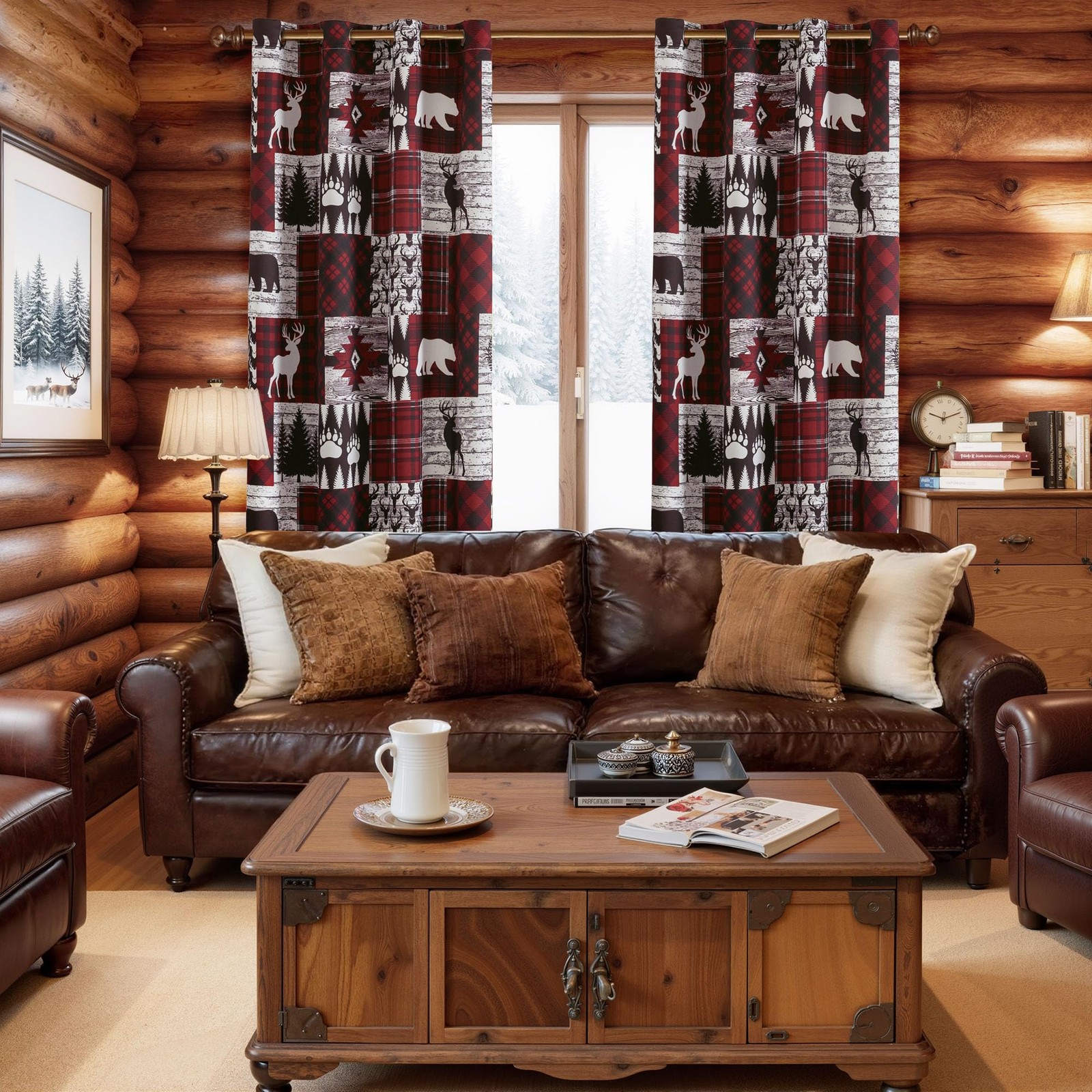 Red Rustic Cabin Curtains 2 Panels Country Style Curtain 50% Light Blocking D…