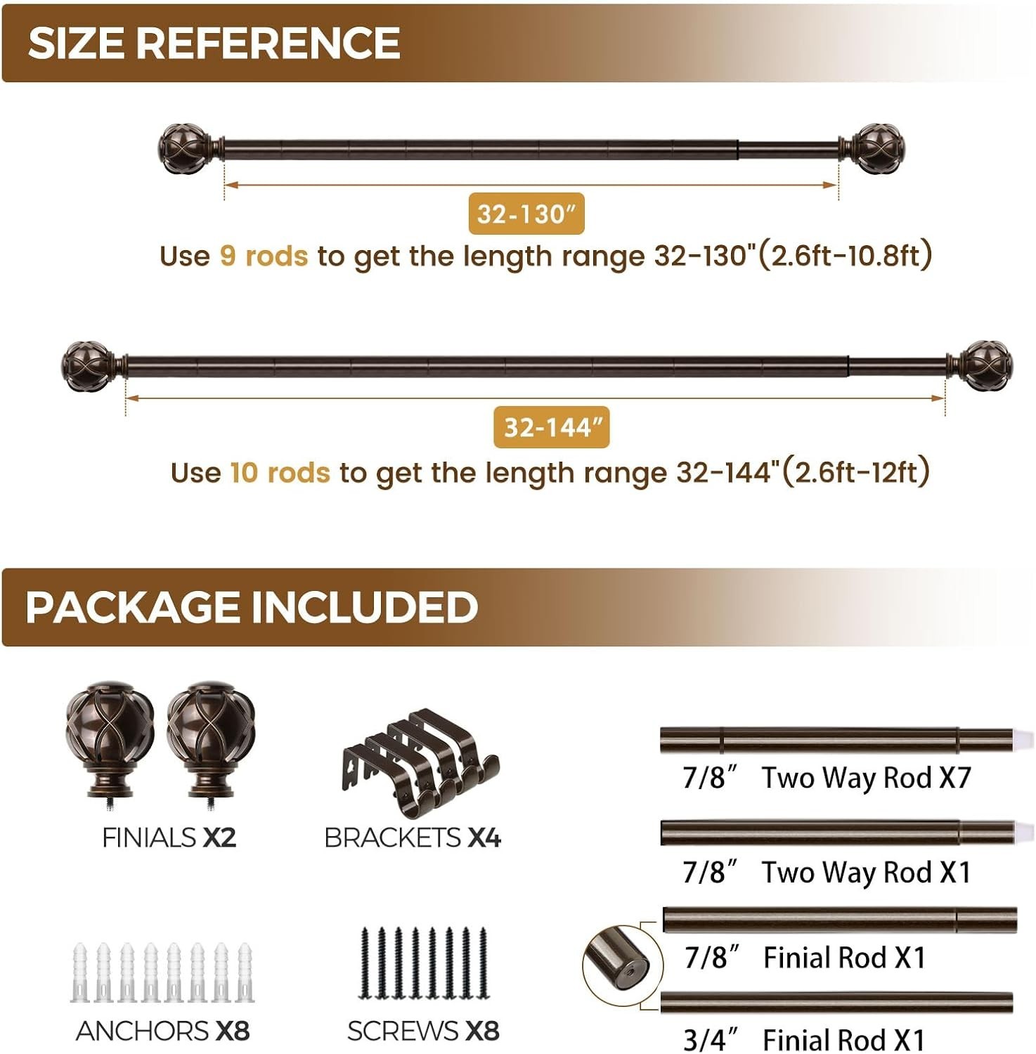 Heavy Duty Adjustable Curtain Rods Iron 72-144 Inches Decorative Bronze