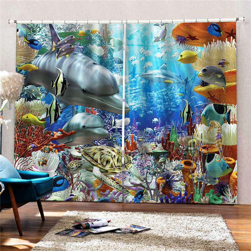 Bubble Blue Fish Orange Coral Printing 3D Blockout Curtains Fabric Window