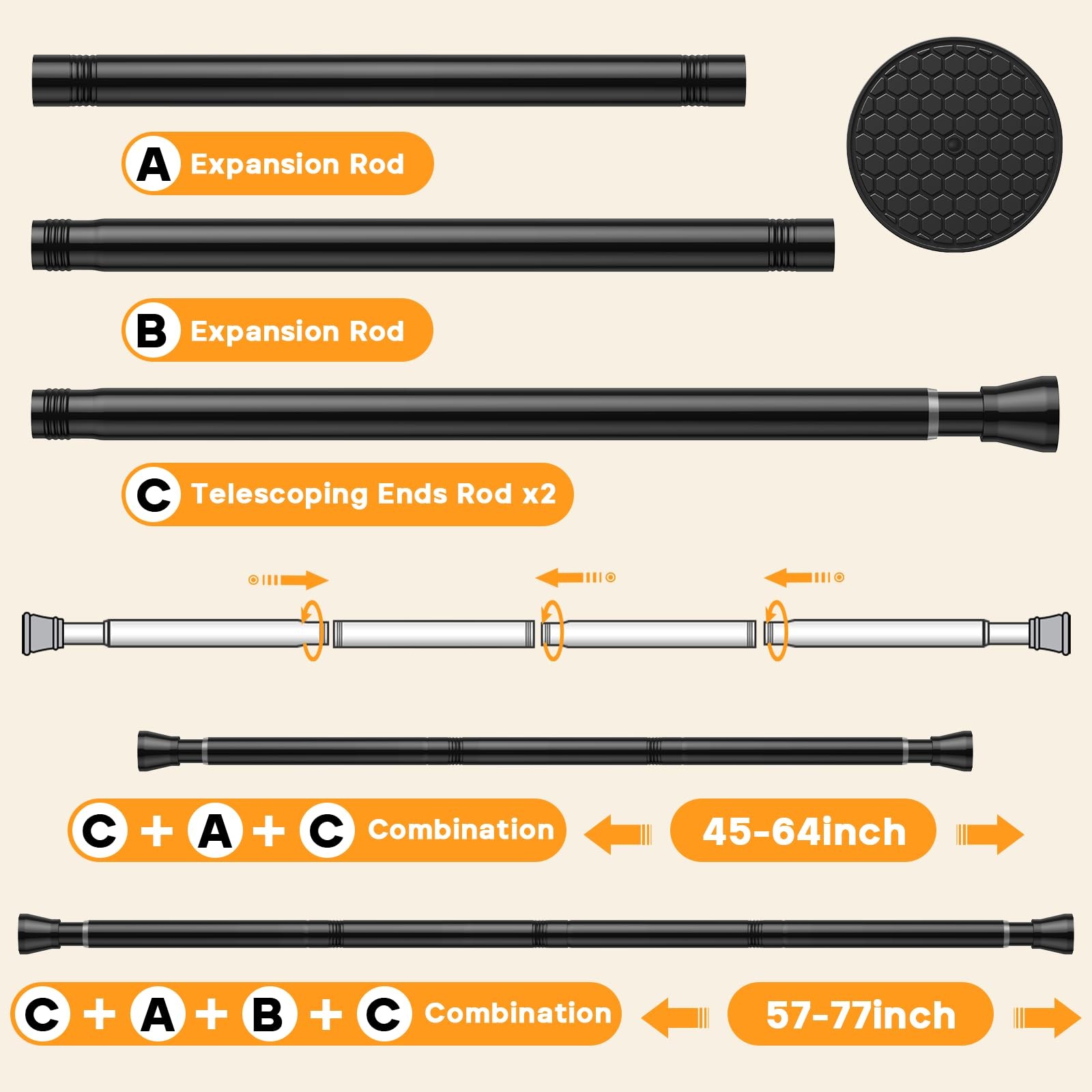 2 Pack Adjustable Tension Rods 45-77 Inch – Black No-Drill Curtain Rods for W…