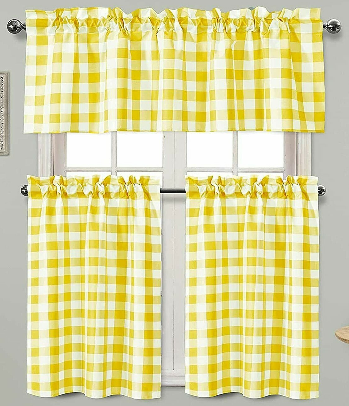 YELLOW BUFFALO PLAID KITCHEN VALANCE AND TIER CURTAIN SET ~ 59X16 VAL 29X36 TIER