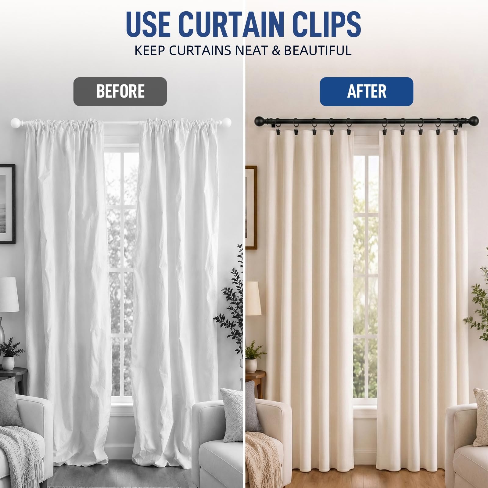 44 Pack Curtain Rings with Clips Hooks 2 in Diameter Rustproof