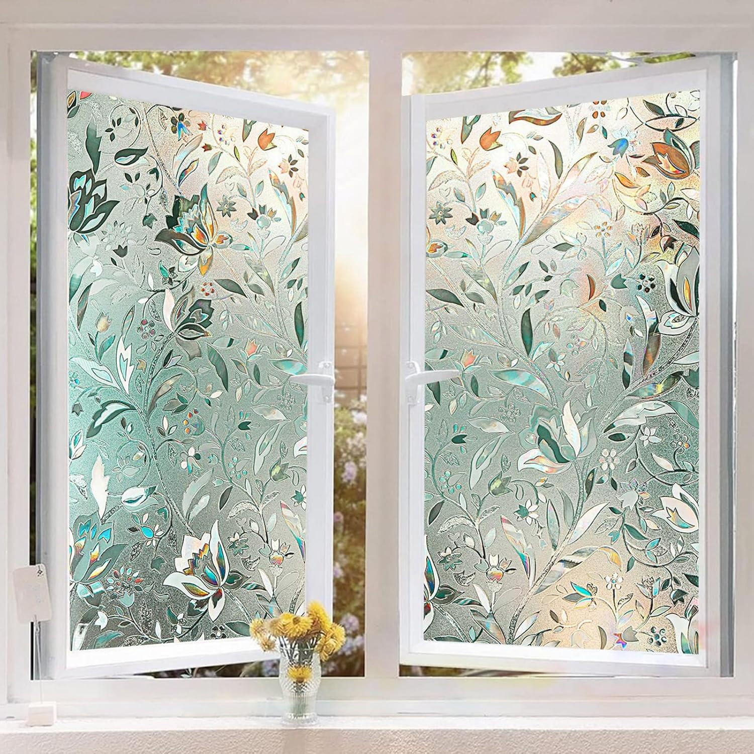 Rainbow Stained Glass Window Film – 2 Rolls, 3D Tulip Pattern, UV Protection