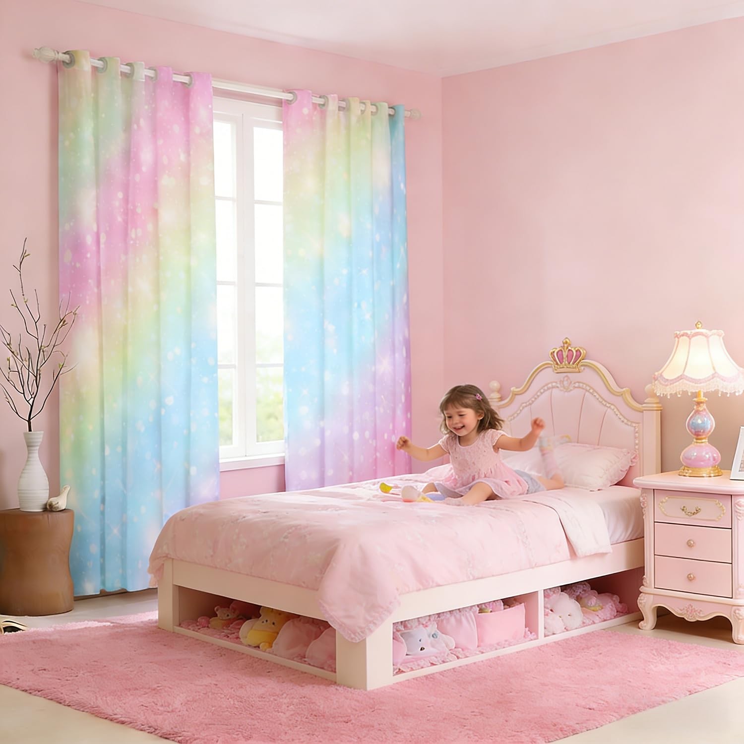 Erosebridal Rainbow Window Curtains for Kids Girls Teens Tie Dye Pastel Curta…