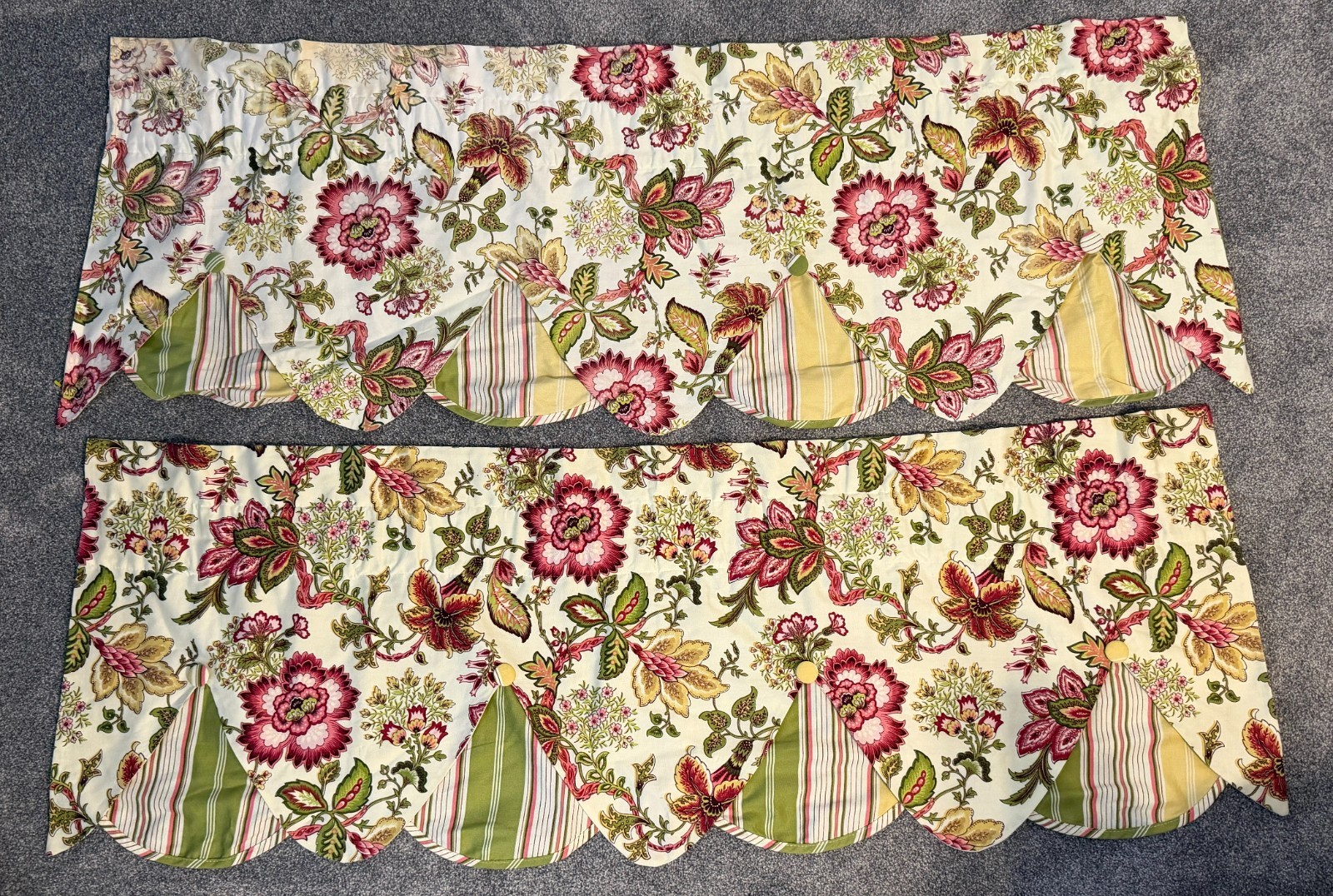 2 Waverly 100% Cotton Floral Striped Scalloped Valences 19 x 53