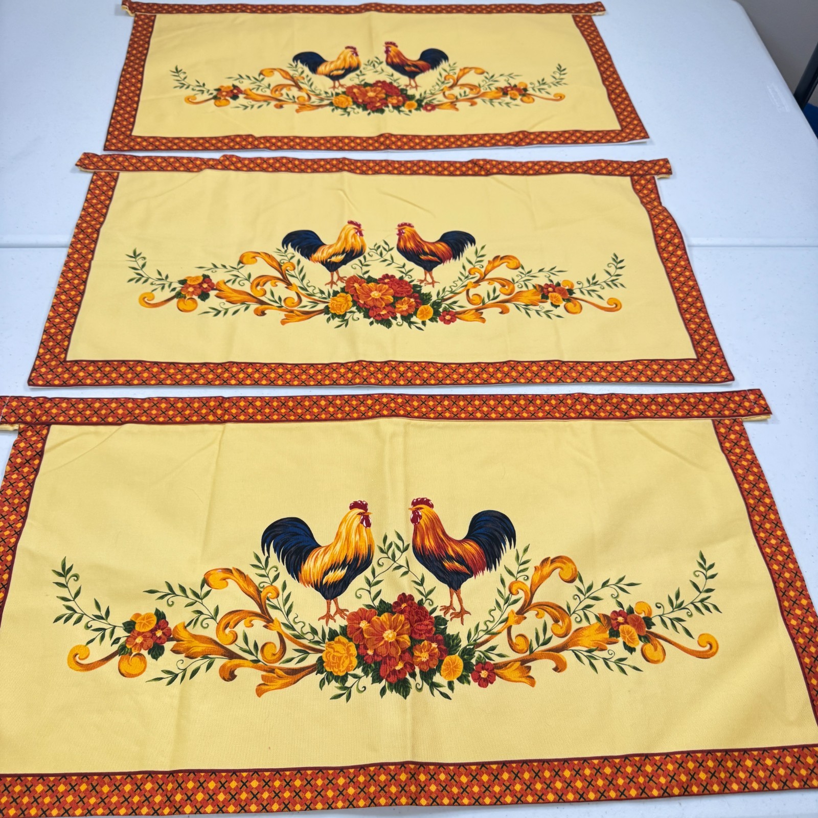 vintage set 3 kitchen window curtain chicken roosters yellow y2k 90s 80s