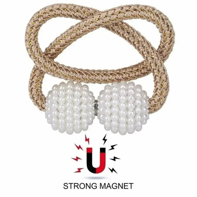 2pcs Pearl Magnetic Curtain Tie Back Clips Rope Holders Home Decor Set – NEW