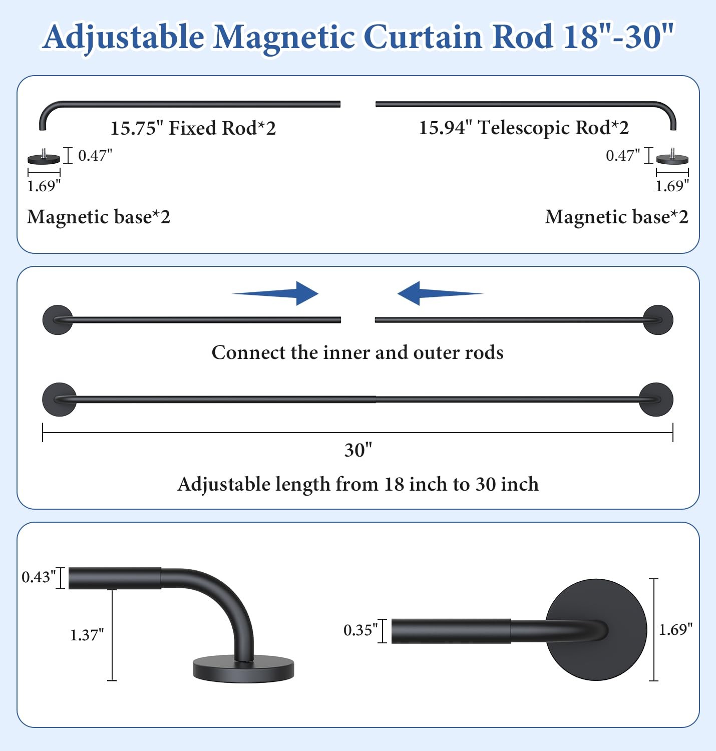 2PACK Magnetic Curtain Rod Adjustable 18 To 30 Inch For Metal Doors Black