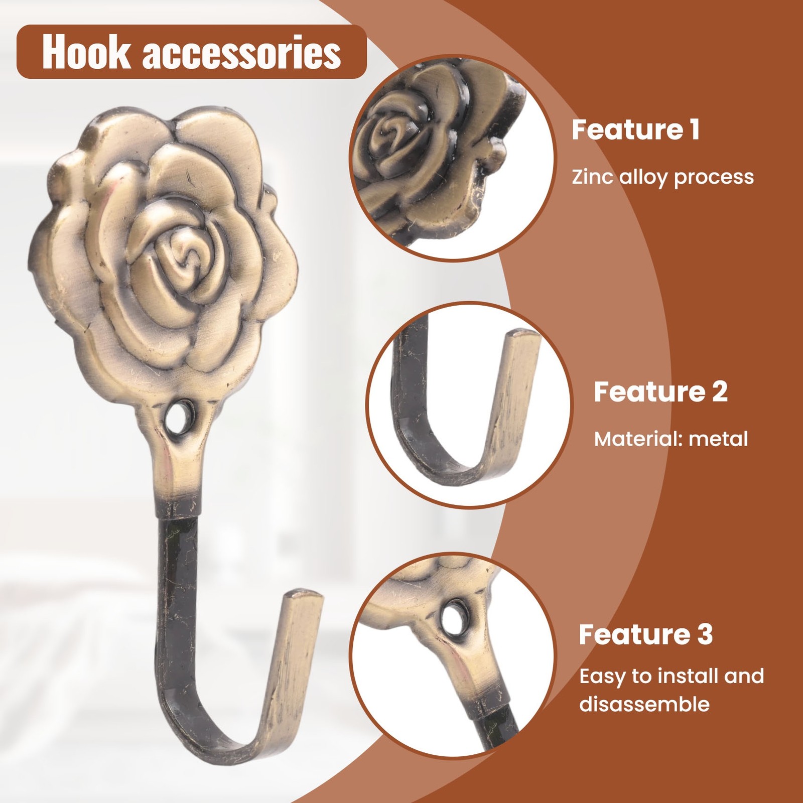 2Pcs Metal Rose Flower Curtain Tie Back Tieback Holders Wall Hooks Decor V7G3