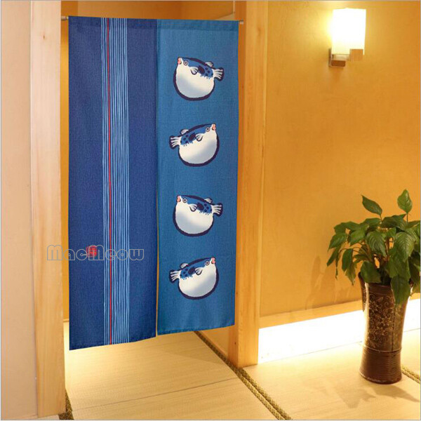 NOREN Doorway Curtain Japanese Room Divider 85×150cm Lucky Four Puffer Fishes