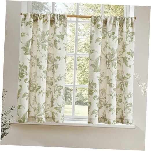 Linen Kitchen Curtains 36 26″W x 36″L (Pack of 2) Baroque | Green on Beige