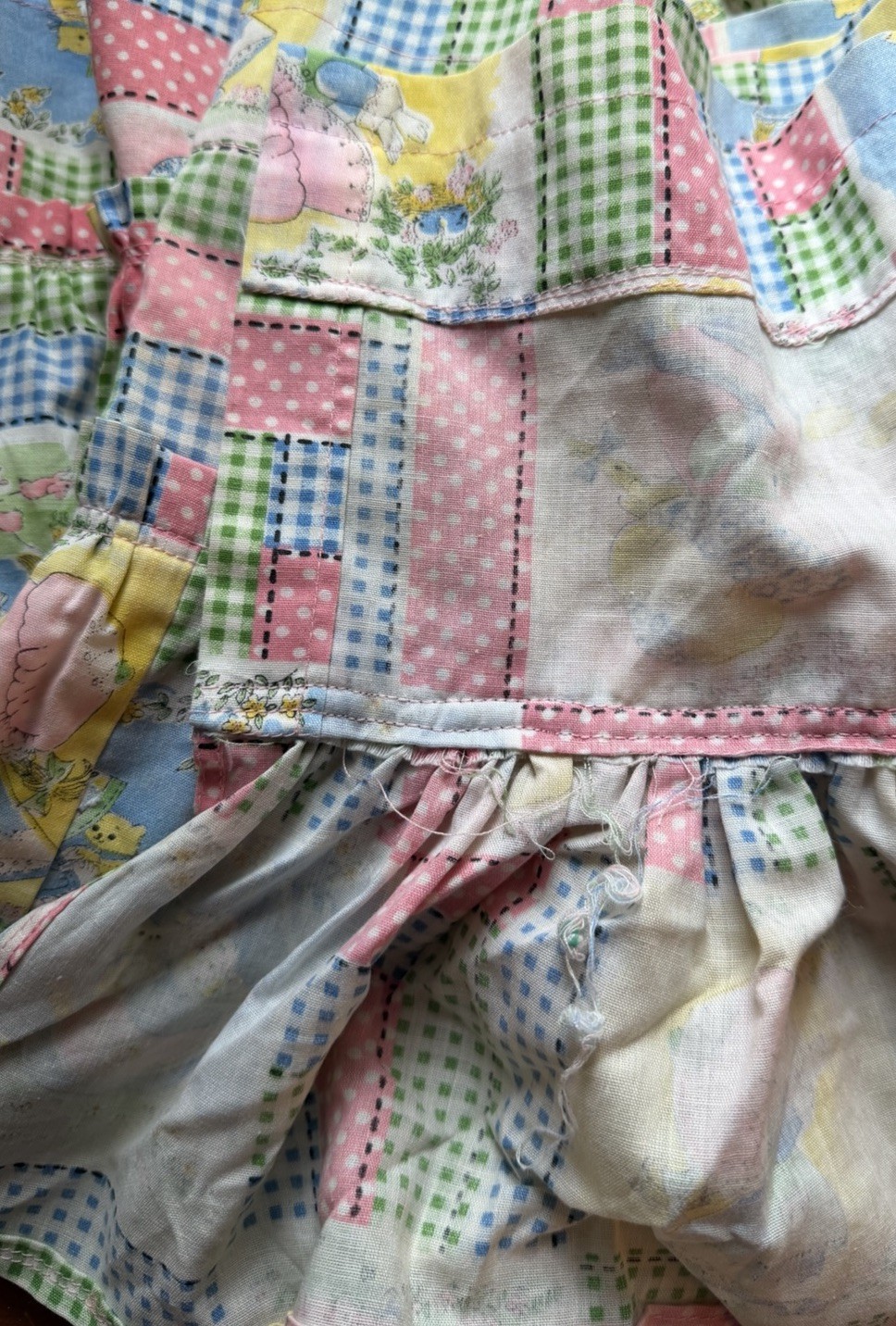 Vintage Handmade Holly Hobbie Patchwork Ruffled Window Valances Pair 63×11”