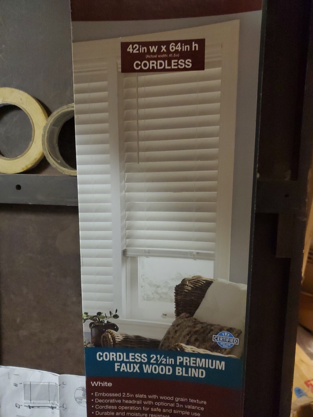 42″ x 64″ Home Decorators White Cordless 2-1/2 in. Premium Faux Wood Blind