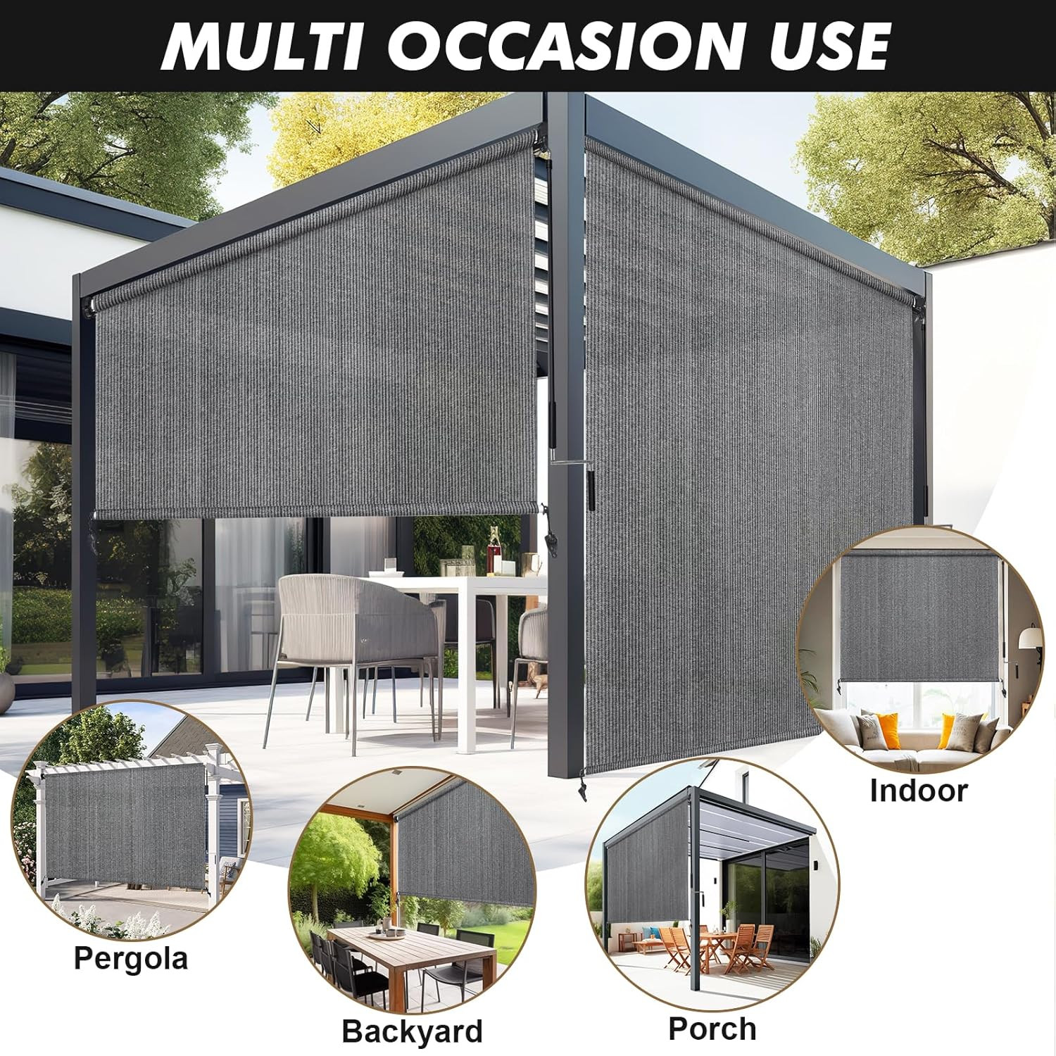 Artpuch Outdoor Roller Shade 10′ W X 8′ H, Gray Exterior Cordless Patio Shades R