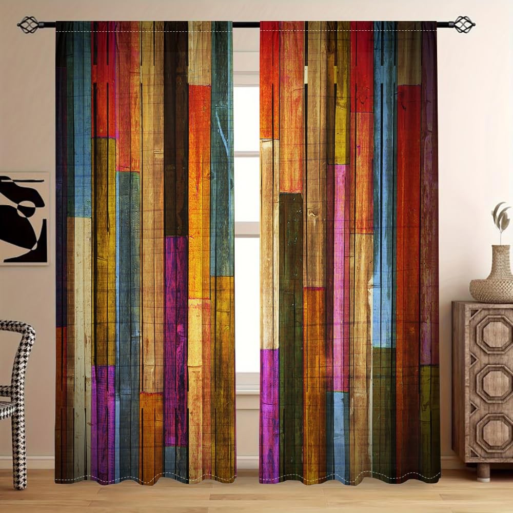 Abstract Art Colored Striped Printed Curtain,Pastoral Style Wood Grain Chic P…
