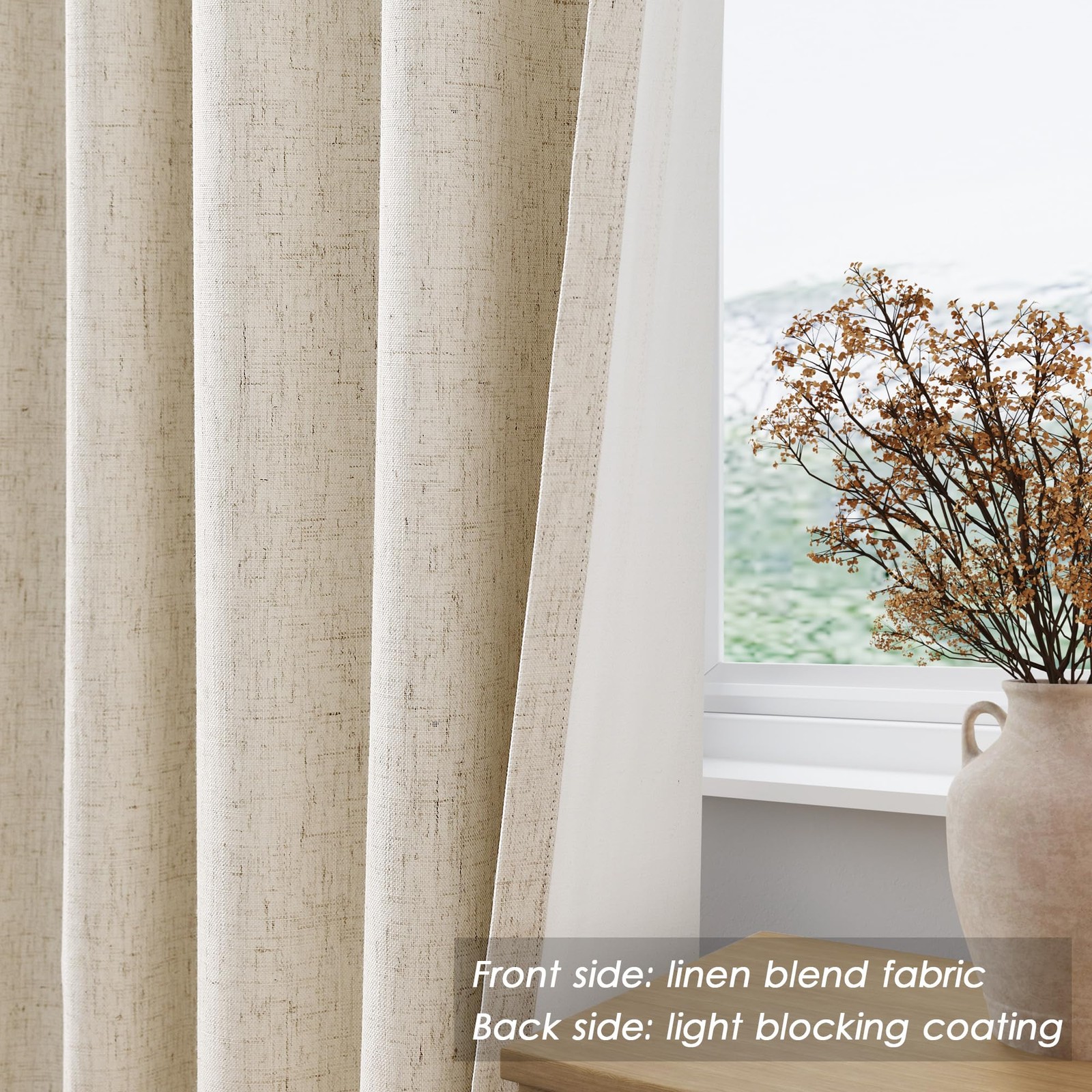 Nanspring Beige 100 Blackout Linen Curtains For Bedroom 120 Inches Long Back