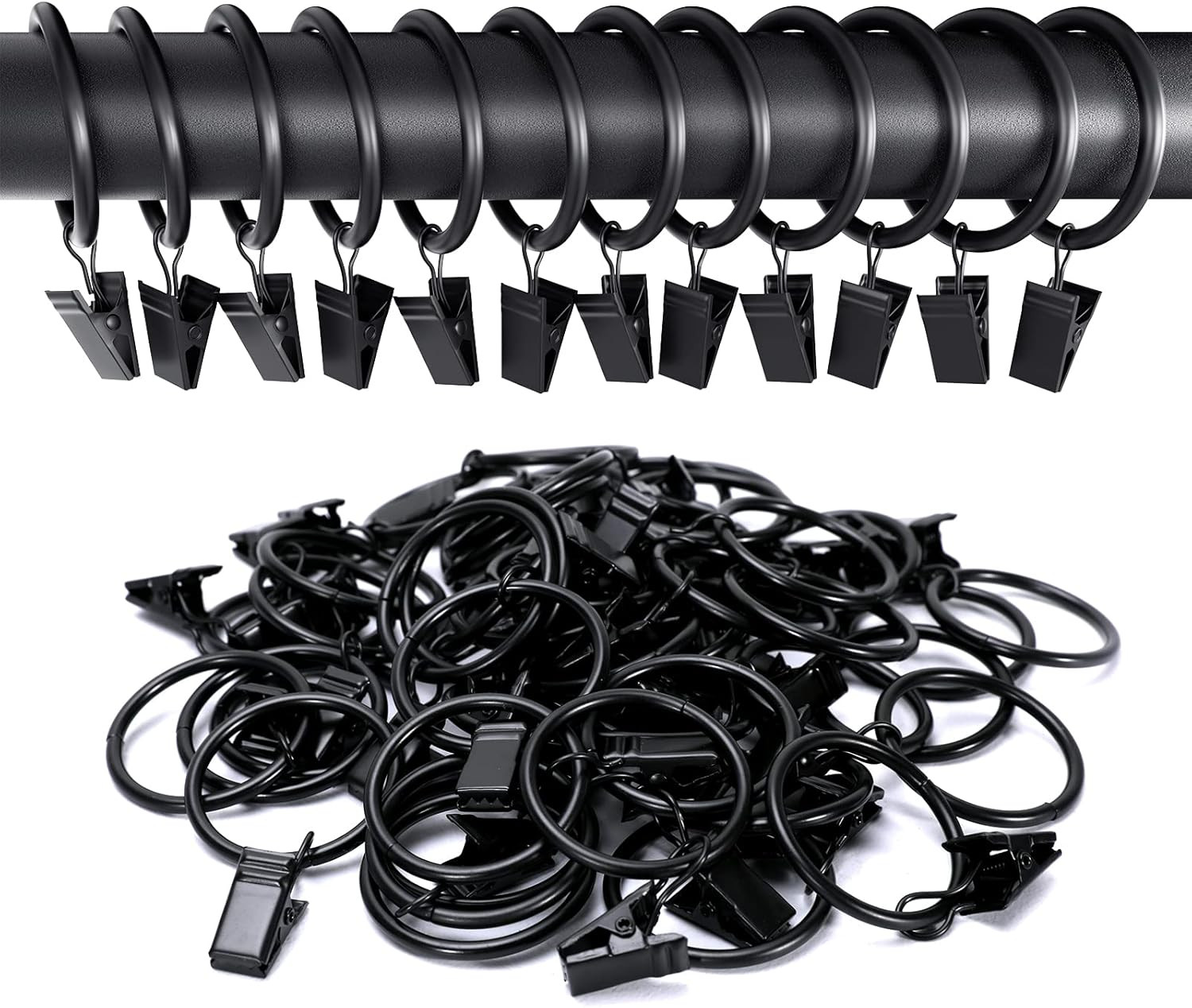 Anillos Cortina Clip Ganchos 1.5 in Negro Metal Inoxidable Pack 44 Unidades Lux