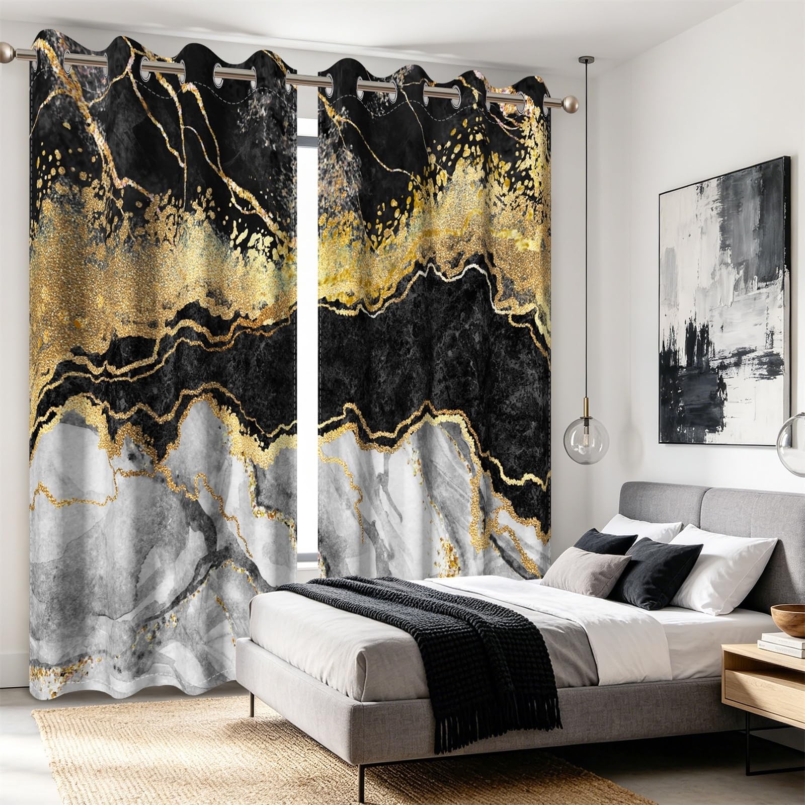 Baocicco Black Gold Marble Blackout Curtains For Bedroom Art Design Black White