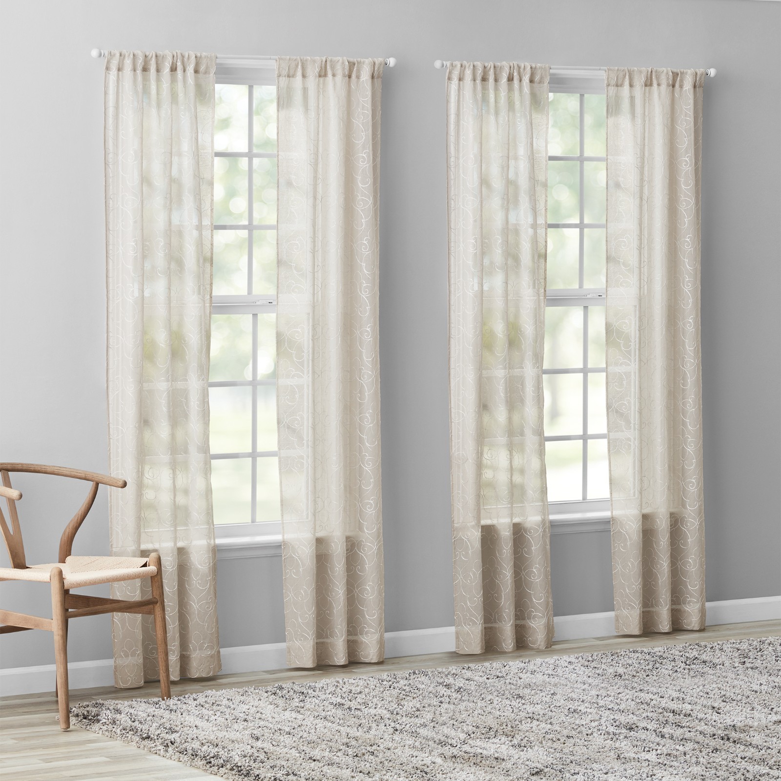 (3 pack) Modern Scroll Rod Pocket Sheer Curtains, Set of 4, Beige, 28″ W x 84″ L