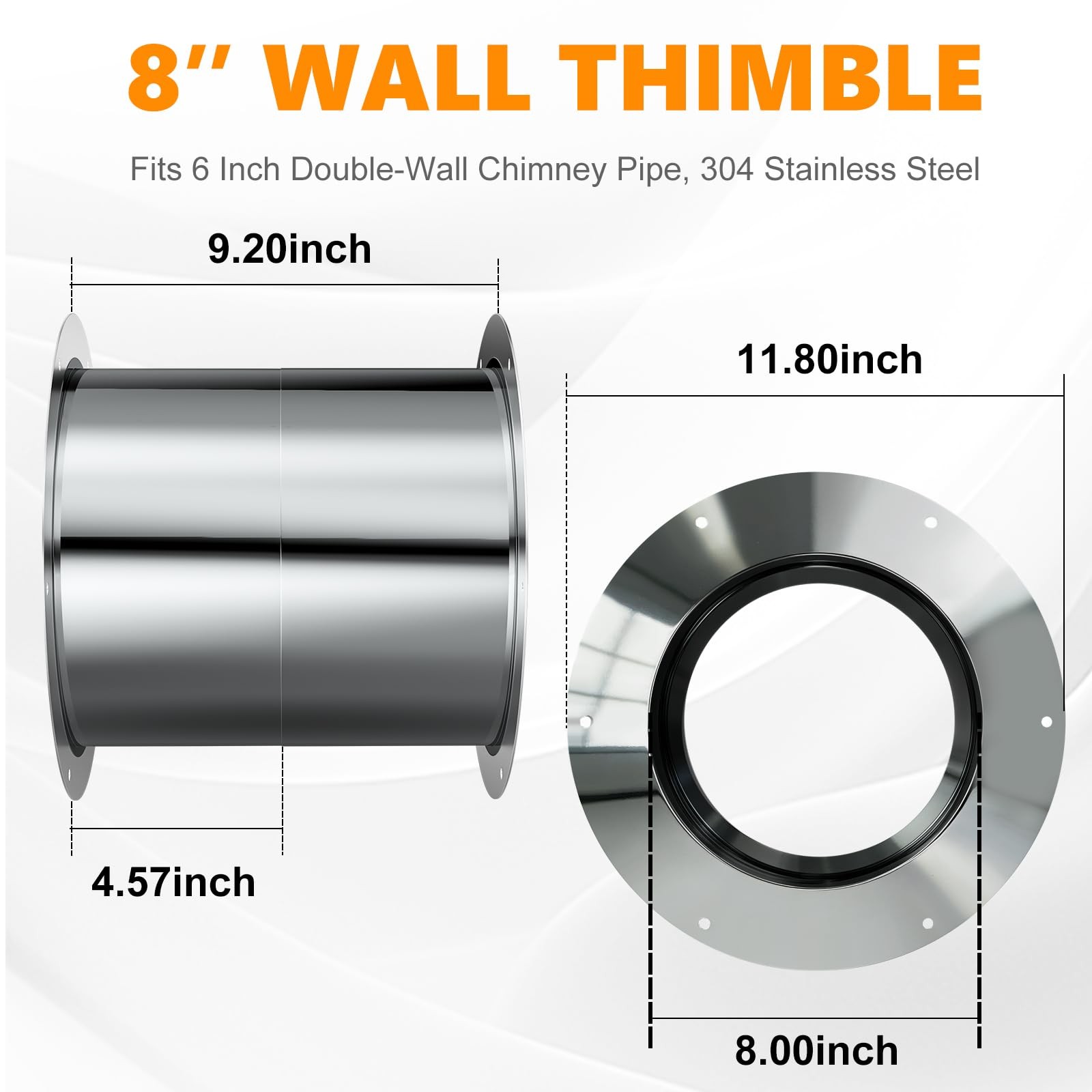 Wall Thimble, Fits 6 Inch Double-Wall Chimney Pipe, 8 Inch Inner Flange Diameter