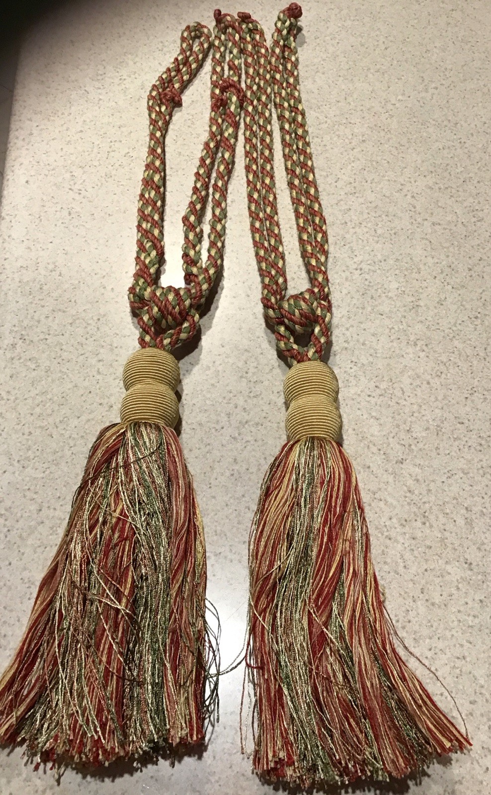 Elegant 24” Tassel Tie backs Gold, Green And Burgundy. 1 Pair