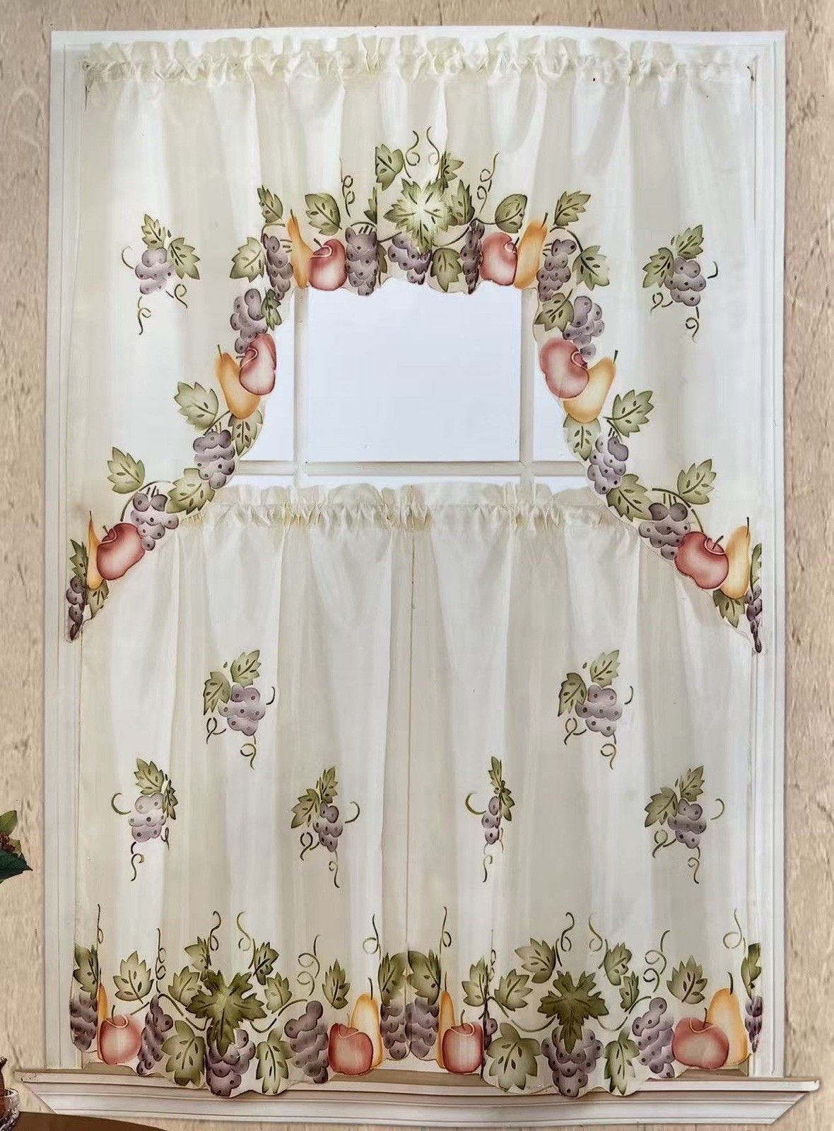 NEW 3pcs Kitchen Cafe Curtain Set Air Brushed by Hand Swag & 36″Tiers Grape