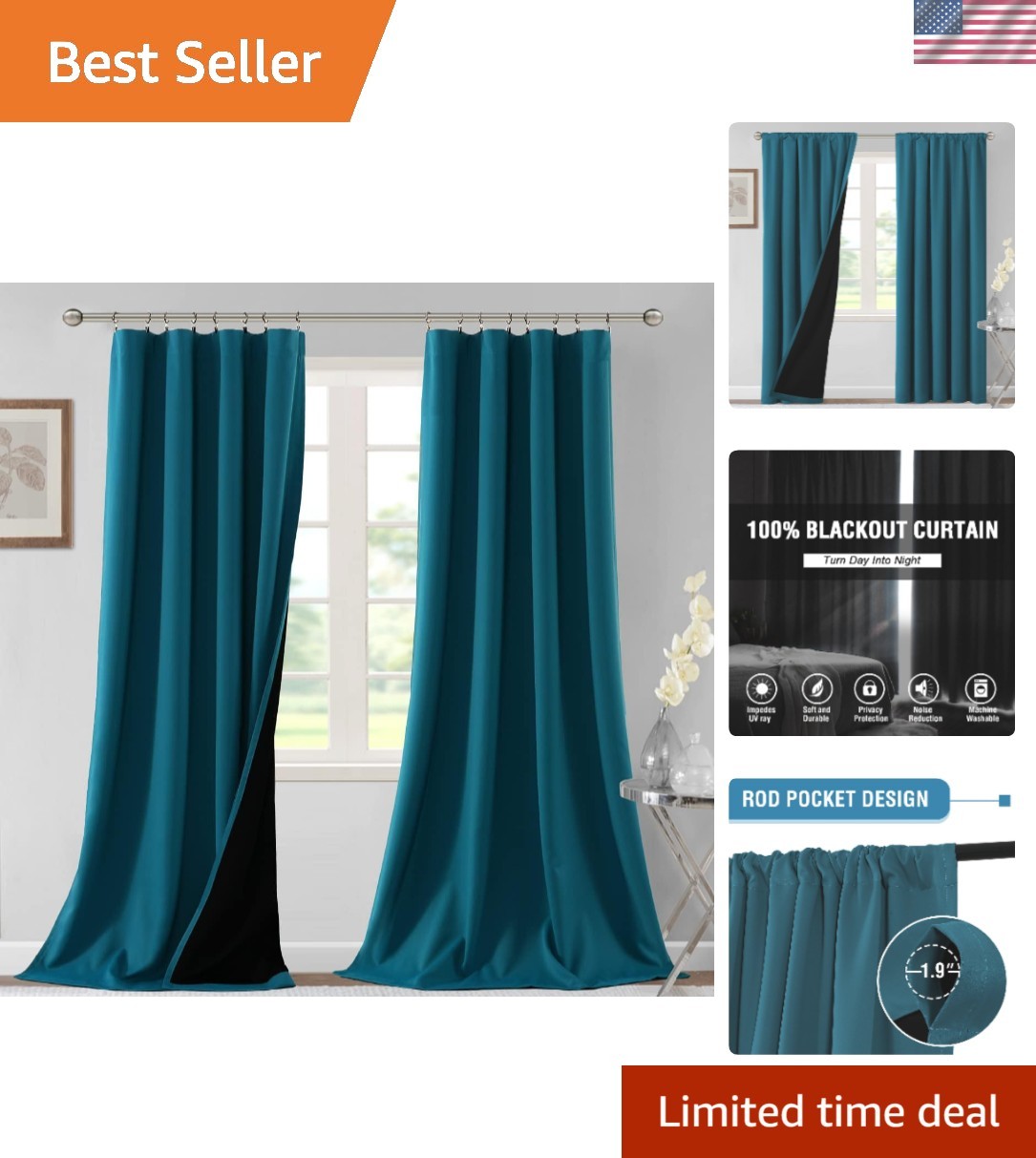 Elegant Dark Teal 100% Blackout Curtains – 108 Inch Long Thermal Insulated Pair