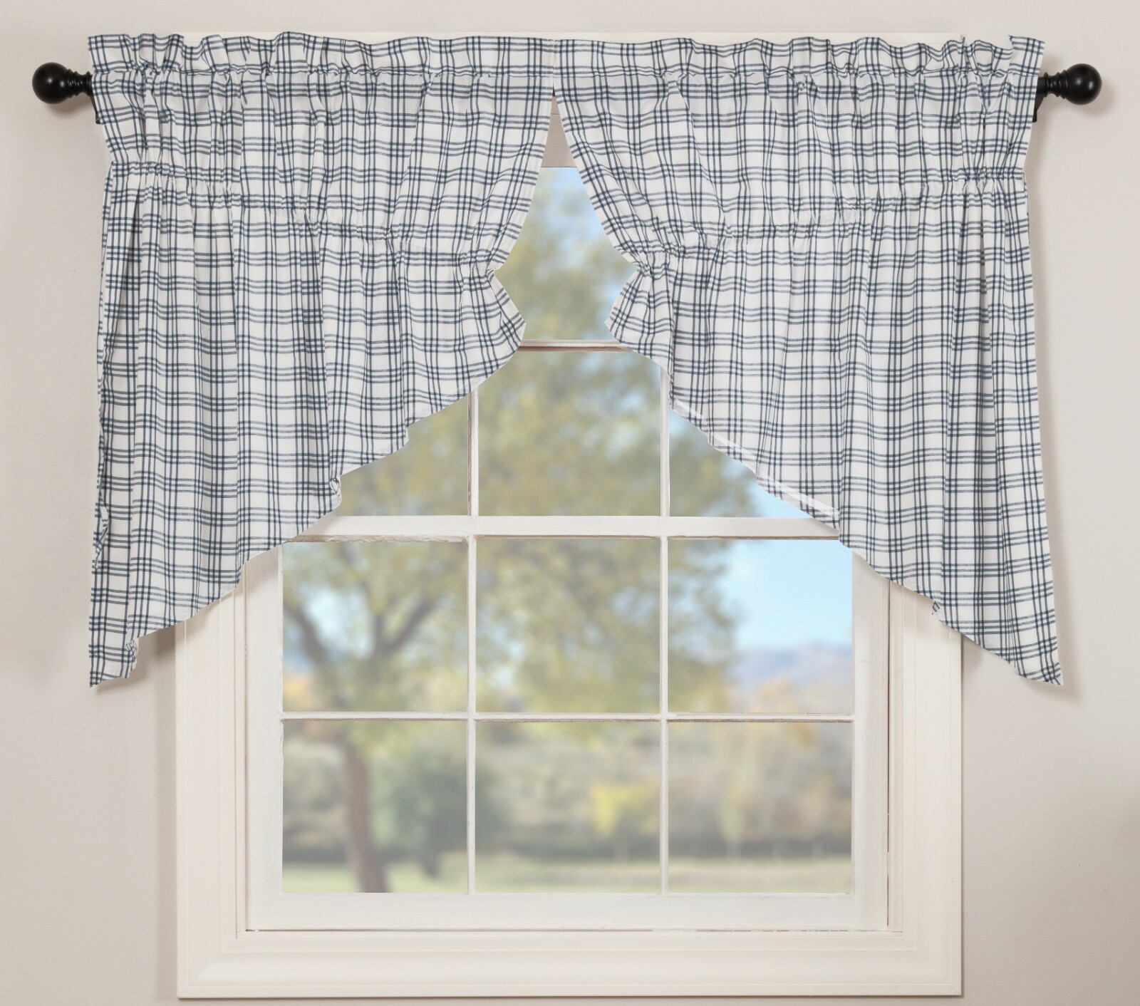 36″ L Drawstring Prairie Swag Set Denim Blue & White Farmhouse Plaid Sawyer Mill