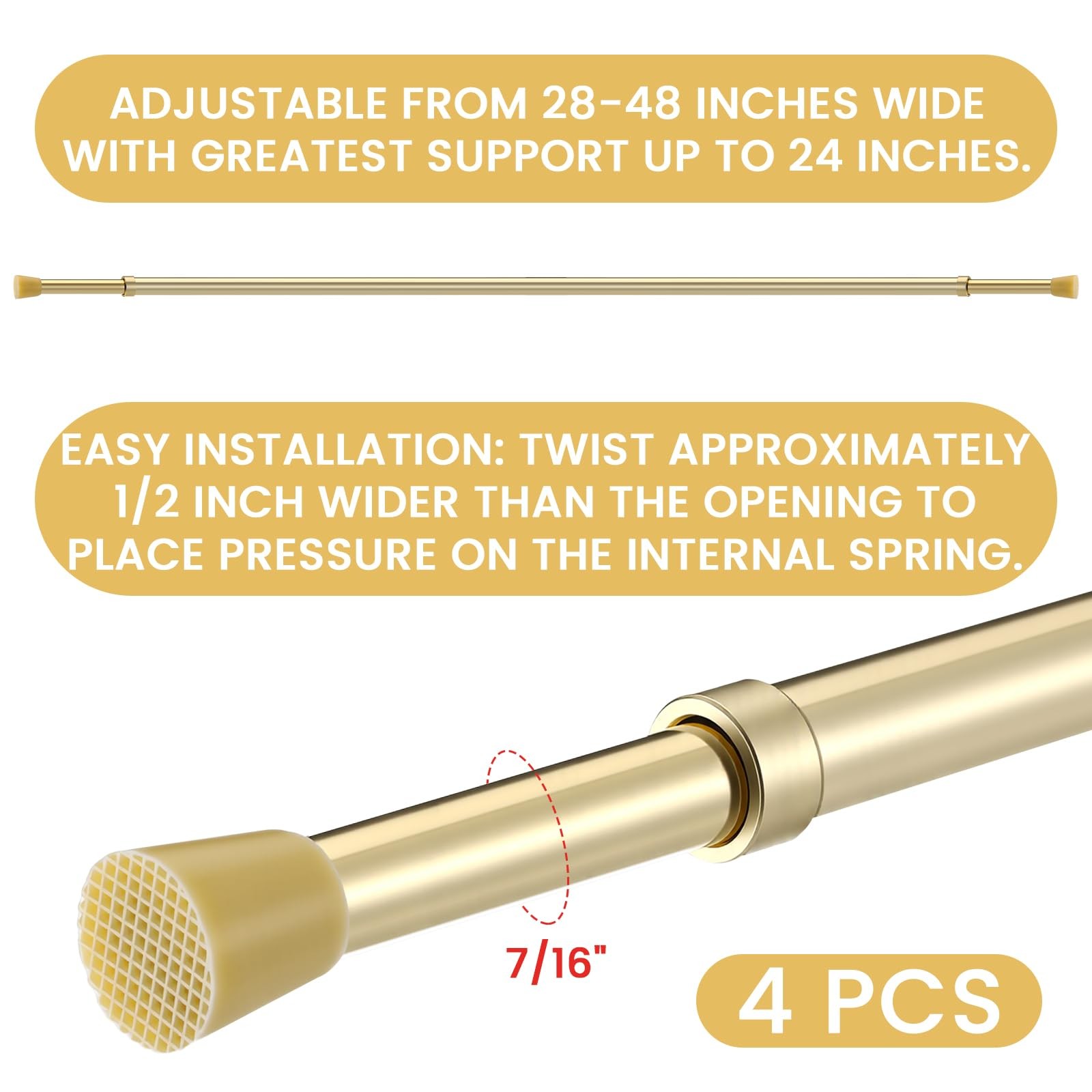 4 Pack Regular Duty Lightweight Tension Rod 7/16″ Diameter Cafe Curtain Tensi…