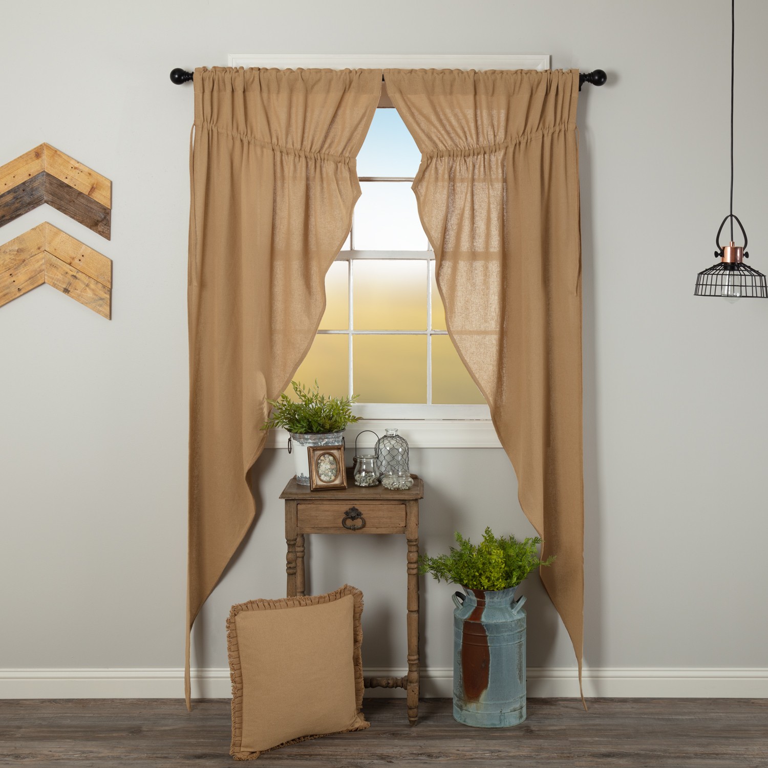 VHC Brands Farmhouse 84″x36″x18″ Prairie Panel Pair Tan Rod Ties Window Curtains
