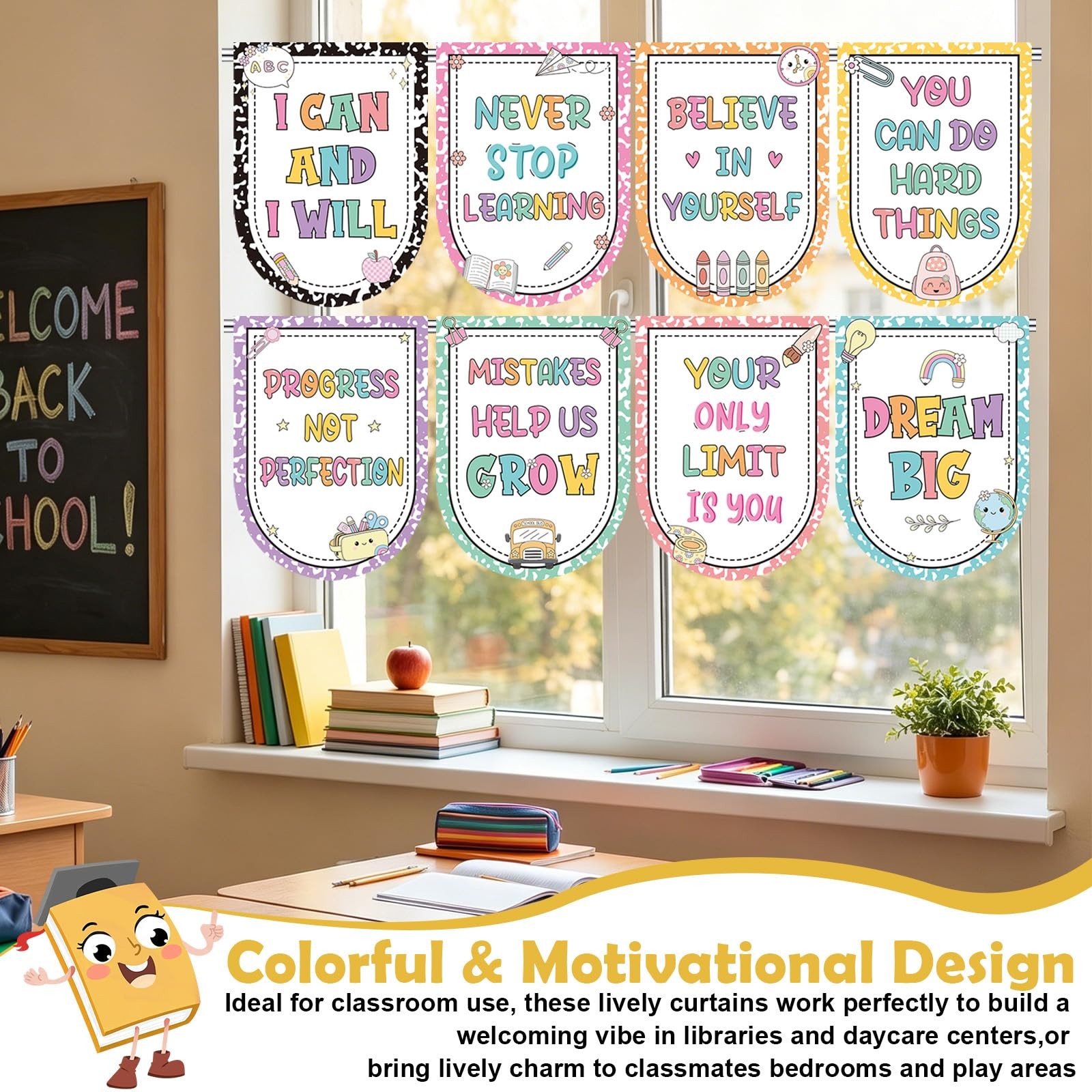 8 Pcs School Classroom Curtains for Windows Motivational Curtains