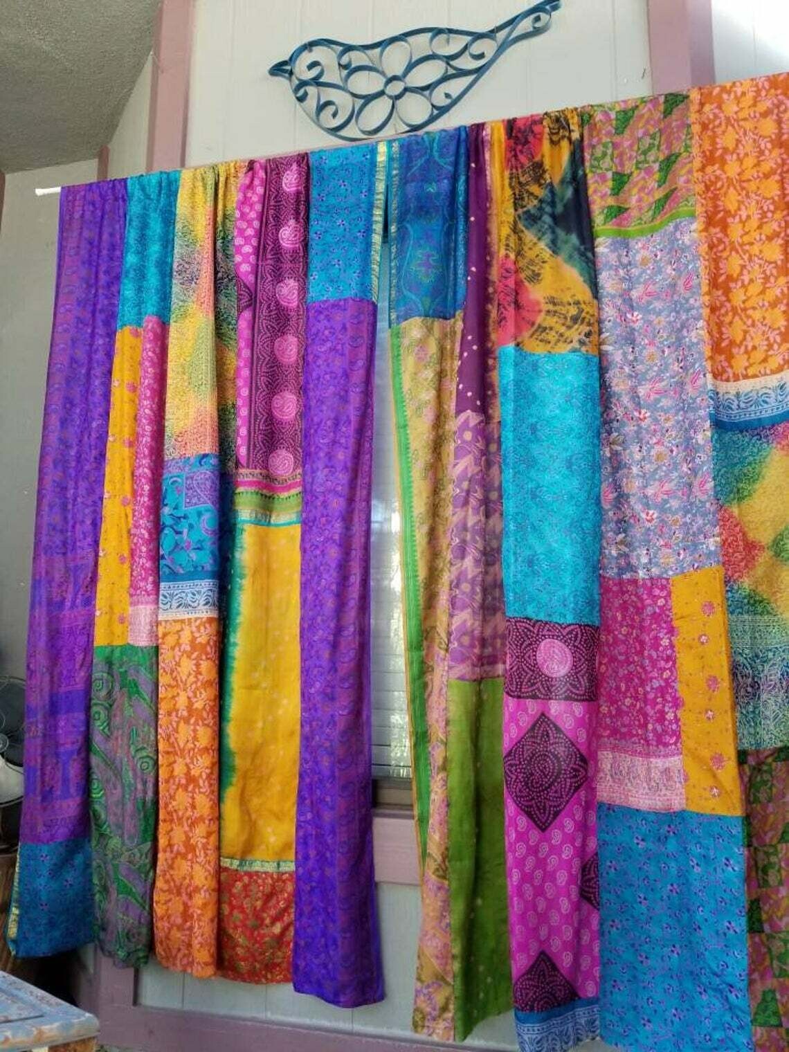 2 Pcs Indian Sari Patchwork Curtain Drape Window Decor Multi Silk Sari Curtain