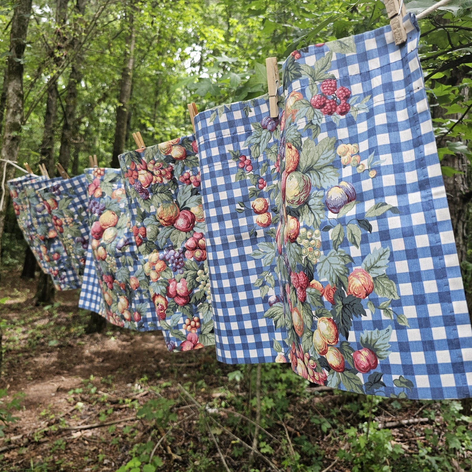 Vintage JCPenney Fruit & Blue Gingham Window Valance 90×14 Cottage Farmhouse