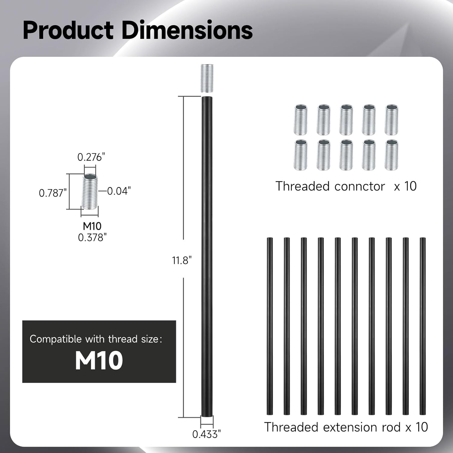 Matte Black M10 Threaded Extension Rod, 10 PCS 12 Inches Threaded Extension Rod