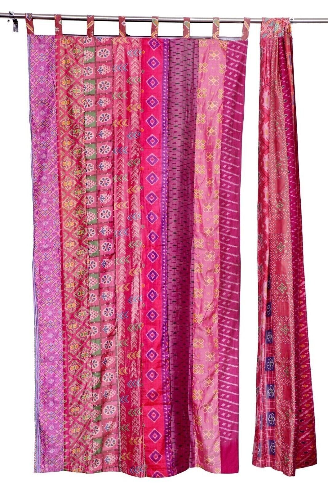 2 Pc Indian Old Recycle Silk Saree Boho Pink Curtain Door Drape Decor Curtain